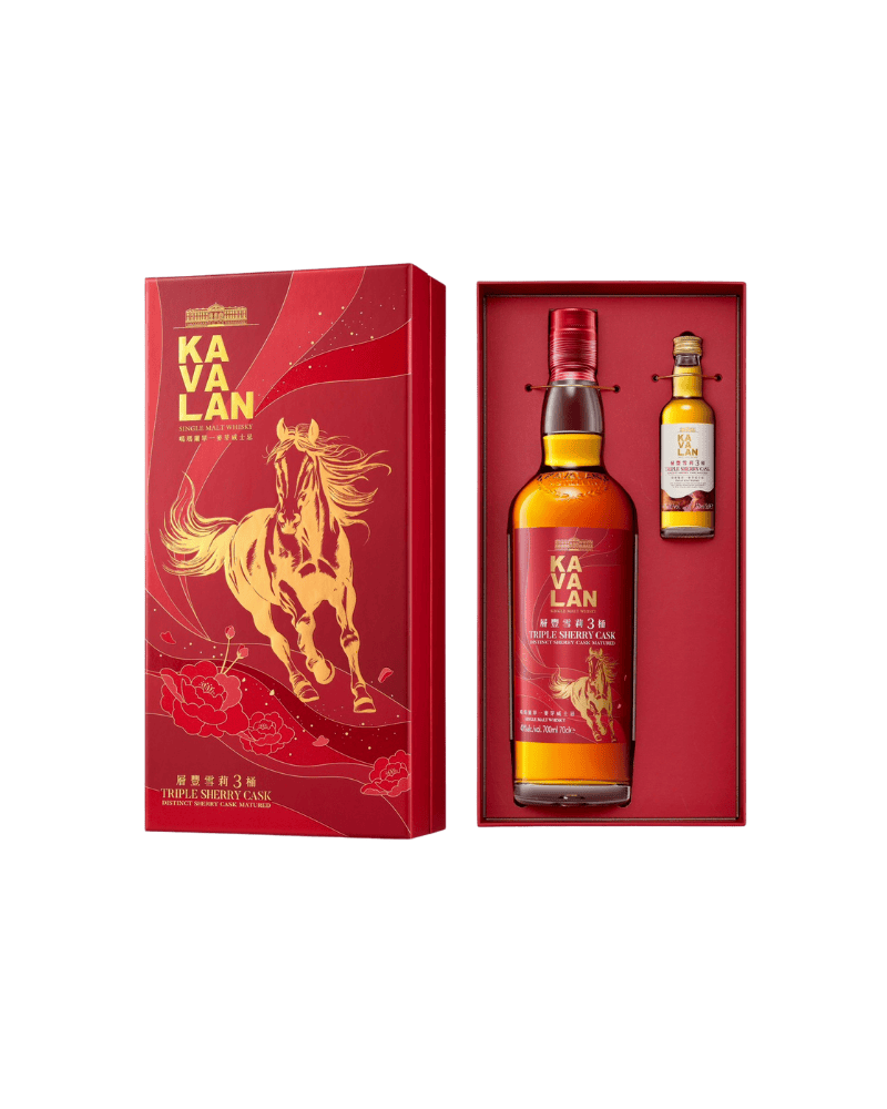 金車噶瑪蘭酒廠-Kavalan Triple Sherry Cask Single Malt Whisky Gift Set-噶瑪蘭層豐雪莉3桶 單一麥芽威士忌禮盒(2026馬年限定)-加佳酒Plus9